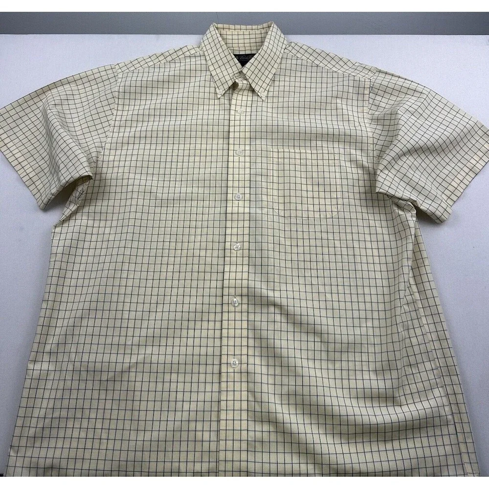 Brooks Brothers Mens Large Short Sleeve Shirt Button Down‎ Yellow Plaid *STAINS*